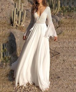 Long Flare Sleeve V-Neck White Hollow Lace Maxi Dress